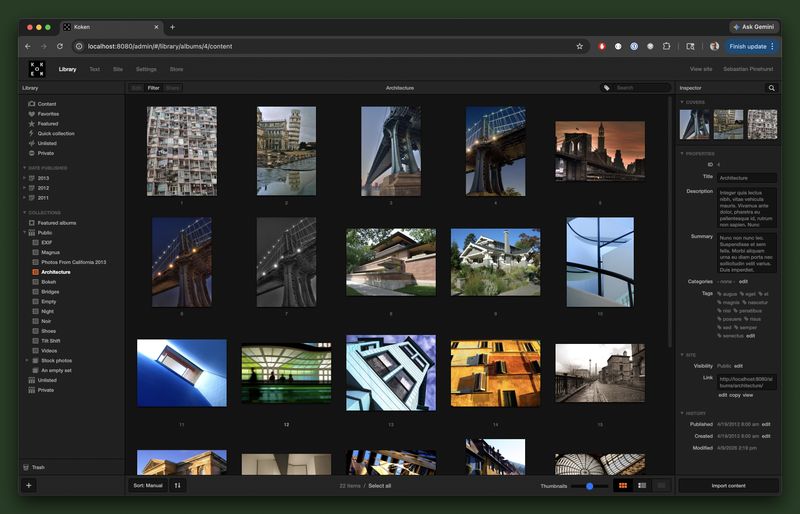 Koken's library interface showing the user's albums and images